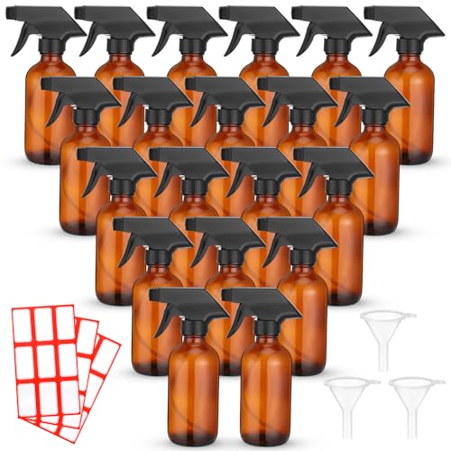Norme 24 Pcs Glass Spray Bottles with Funnels and Labels 8 oz Refillable Cosmetic Empty Spray Containers with Trigger Squirt Containers for Essential Oil Cleaning Solutions(Brown)