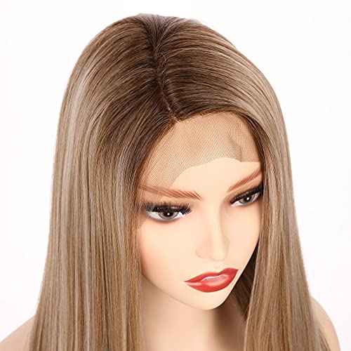 Onedor 24 Inch Fiber Straight Lace Front Wig - Glueless Side Part Dark Root Wigs for Women (Dark Natural Blonde Blended & Pale Golden Blonde with Dark Roots-OT8/386/624)