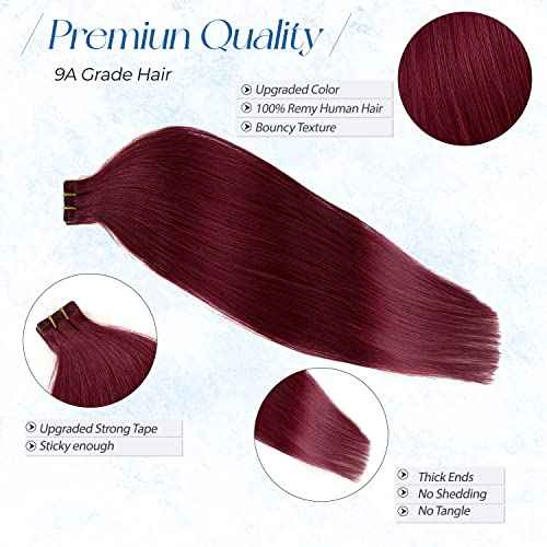 Real Hair Extensions Tape in Human Hair Extensions Burgundy Colored Hair Extensions Tape ins 20 Pieces Seamless Invisible Hair Extensions 22 inch Double Sided Tape in Remy Hair 60g for Women