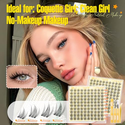 Natural Lash Clusters Kit Wispy Eyelash Clusters Kit Manga Lashes Clusters 10-13mm C-Curly Cluster Eyelash Extensions Thin & Invisible Band Lash Extension Kit with Lash Glue and Lash Tweezers