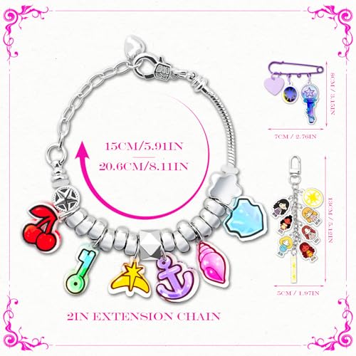 Neovista Colorful Acrylic Charm Bracelet Set with Brooch & Keychain 6.1-8.1in for Concert & Daily Wear