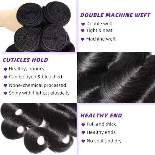 12A Human Hair Bundles 20 22 24 26 Inch Body Wave Bundles Human Hair 100% Unprocessed Brazilian Virgin Weave 4 Bundle for Women Natural Black Wavy Human Hair Extensions