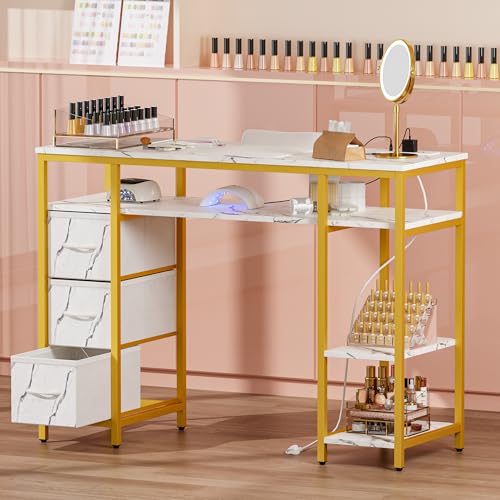 Marble Nail Desk with Storage, Power Outlet & 3 Drawers