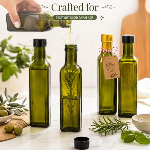 TBWIND Olive Green 8.5oz Glass Olive Oil Bottles – 15 Pack with Airtight Caps & Labels