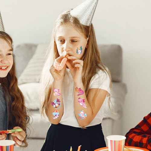 Pink Cute Axolotl Temporary Tattoos - 8 Sheets 200 Pcs Axolotls Birthday Party Decorations Supplies Kawaii Reptile Animals Salamander Tattoo Stickers for Girls Kids School Rewards Gifts