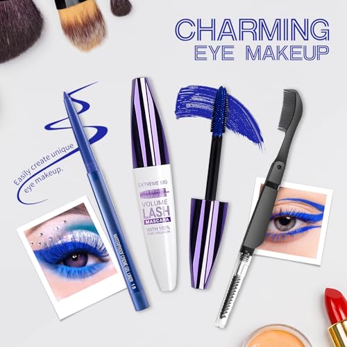 Blue Mascara and Eyeliner Set,5D Colored Mascara Volume and Length Waterproof,Natural Curling Lengthening,Suitable for Women Eye Makeup