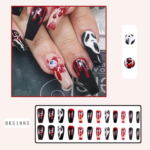 Halloween Press on Nails Coffin Medium Length Fake Nails Black False Nails with Designs Evil Eye Blood Drop Glue on Nails Scary Ghost Stick on Nails Full Cover Square Artificial Nails for Women 24pcs