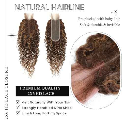 ALHER Long Deep Part 2x6 Closure Water Wave Honey Blonde Highlight, Ombre Brown and Blond Wet and Wavy 2x6 Kim K Lace Closure Pre Plucked With Baby Hair, #P4/27 Color Real Human Hair Closure 14 Inch