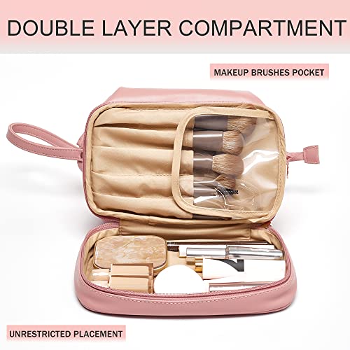 Large Makeup Bag, Double Layer Cosmetic Bag, Leather Make Up Bag with Brush Organizer, Portable Travel Makeup Bag, Makeup Organizer Bag Toiletry Bag for Women and Girls (Pink)