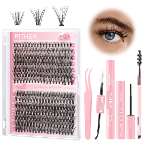 PITHER DIY Lash Extension Kit, Eyelash Extension Kit 280PCS 30D 40D Mix 9-16mm Individual Lash Clusters Kit with Applicator Bond and Seal Lash Glue Lash Extension Remover Tweezer