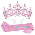 Pink Crystal Tiara Crown with Birthday Sash for Women & Girls