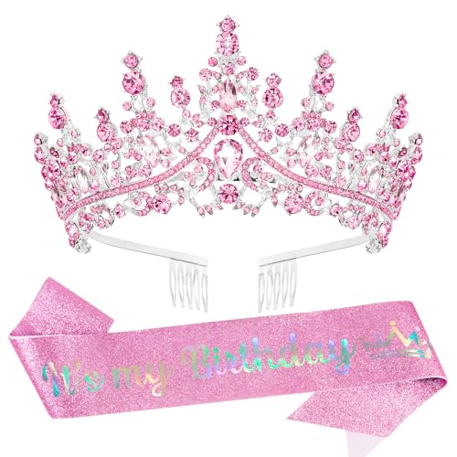 Pink Crystal Tiara Crown with Birthday Sash for Women & Girls