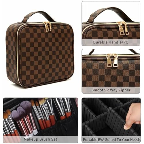 Makeup Bag,3 Pcs Brown Checkered Bags Set,Portable with Adjustable Partition,Large Capacity Pouch for Travel Cosmetic Organizer, Makeup Brushes,Waterproof, Toiletries,Designer for Gift,Checkered