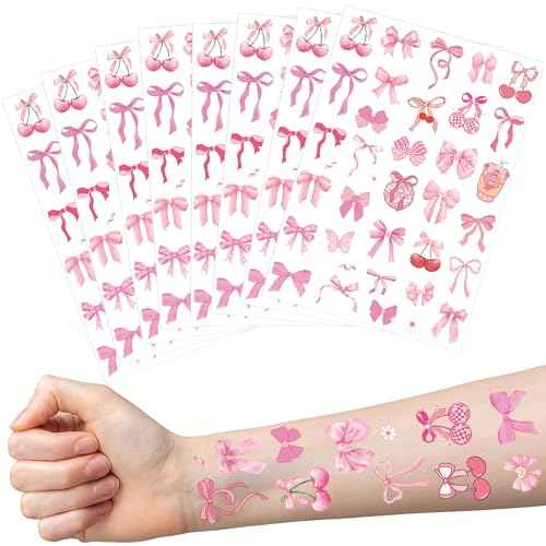 Pink Bow Temporary Tattoos Sticker - 264 Pcs Conquette Birthday Party Favors Party Supplies Decorations, Cherries Disco Ball, Treat Bag Stuffers for Girls Women(8 Sheets)