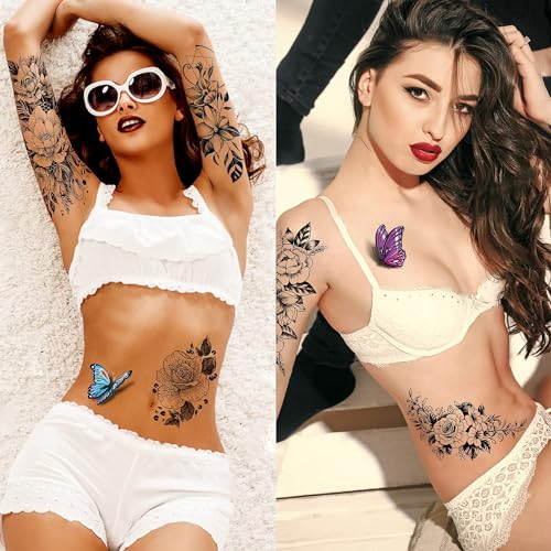 Cerlaza Temporary Tattoo Stickers for Women - 12 Sheets Flower & Butterfly