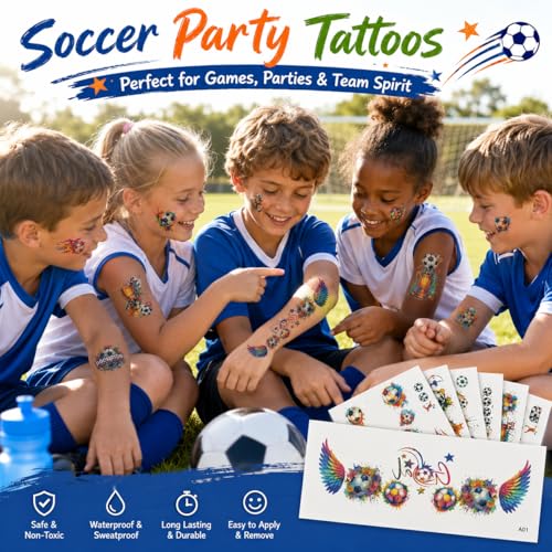 Soccer Party Tattoos - 12 Sheets Water Transfer Face Body Decals