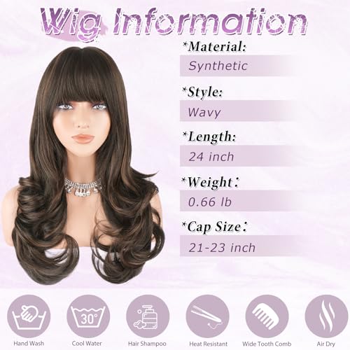 Brown Auburn Wavy Wig with Bangs 24 Inch