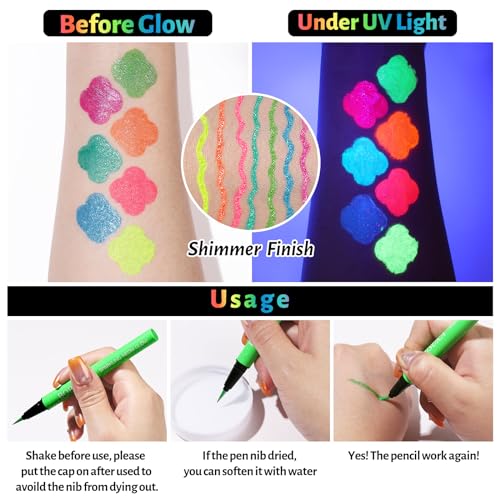BOBISUKA UV Sparkling Eyeliner Set - 7 Color Neon Glitter Liquid & Glow Eyeliners - Waterproof, Long-lasting, Festival Makeup Kit (Variation: UV Sparkling Eyeliner Kit)