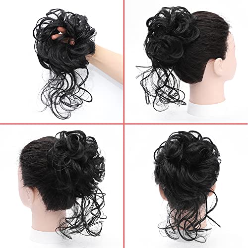 Messy Bun Hair Piece with Curly Extensions - Black