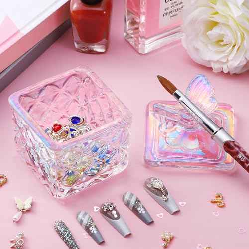 Noverlife Mini Glass Dappen Dish for Nail Art Acrylic Liquid Powder, Crystal Monomer Dish with Butterfly Lid, Small Monomer Cup Acetone Dish Acrylic Liquid Cup for Home & Nail Salon Manicure Tools