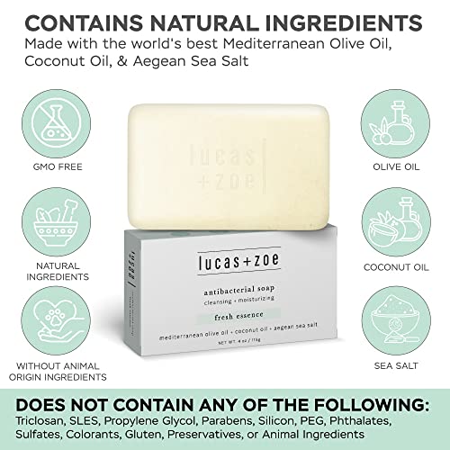 Lucas + Zoe Fresh Essence Antiseptic Bar Soap - 4 Ounce Moisturizing Body Soap Bar Made With Natural Ingredients Like Mediterranean Olive Oil, Coconut Oil, & Aegean Sea Salt - Made In Greece