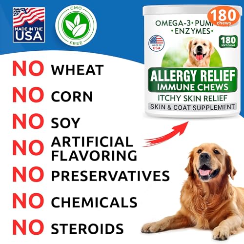 BARK&SPARK Dog Allergy Relief Chews (180 Immune Treats) - Anti-Itch Skin & Coat Supplement - Omega 3 Fish Oil - Itchy Skin Relief Treatment Pills - Itching&Paw Licking - Dry Skin & Hot Spots