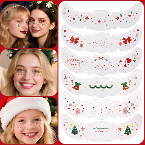 Christmas Face Temporary Tattoos, 6 Sheets Glitter Freckles
