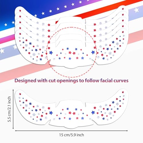 Mysense Red White and Blue Glitter Freckles Face Tattoo,4th of July Temporary Tattoos,4th of July Outfit Accessories for Women Kids,Patriotic USA Flag Star Freckle Stickers for Independence Day,6Pcs