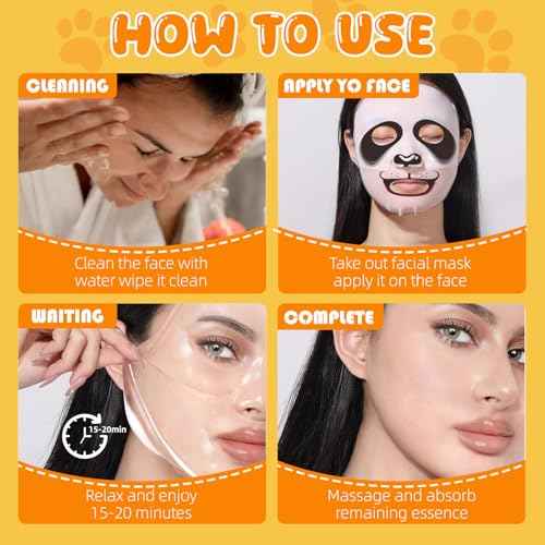 7 Packs Cute Animal Character Design Facial Masks, Deep Hyrating Spa Masks for All Skin Types, Gift for Kids' Birthady Party, Girl's Night, Enjoy Skincare Life