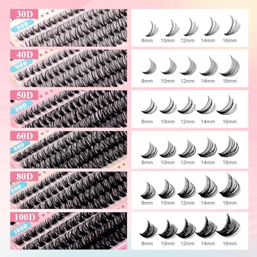 GEMERRY Lash Clusters Kit 565Pcs Eyelash Extensions Kit Individual Lashes D Curl Fluffy Wispy False Eyelashes with Lash Bond and Seal and Tweezers(30D+40D+50D+60D+80D+100D, 8-16mm)