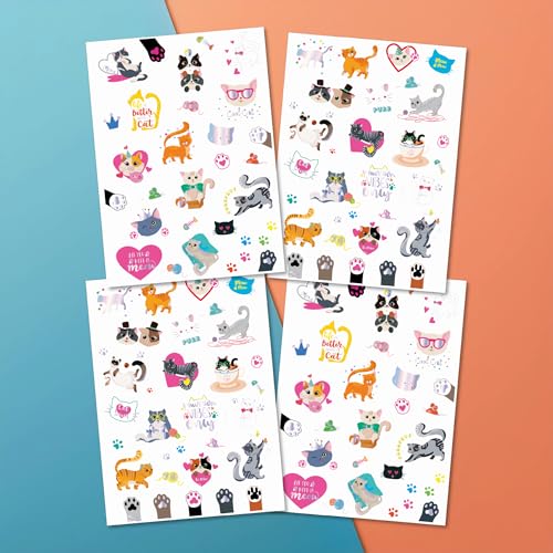 PapaKit Kitty Cats Temporary Fake Tattoo Set, 4 Sheets 64 Styles with Metallic Iridescent Foil | Party Favors, Birthday Goodie Bag Fillers, School Rewards