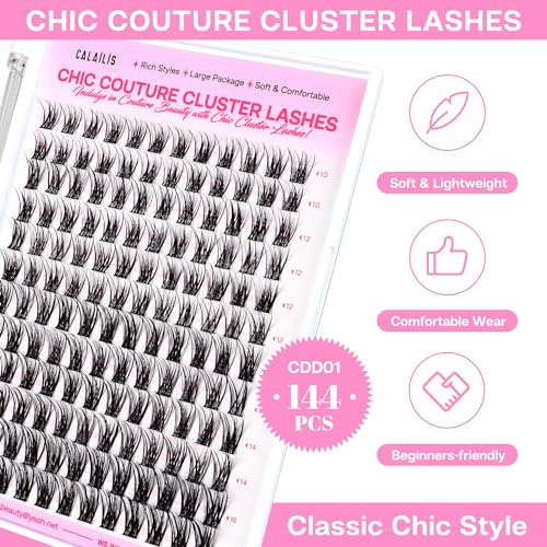 CALAILIS Lash Clusters DIY Eyelash Extensions 132pcs Natural Cluster Lashes Mega Volume Individual Lashes Wispy Eyelash Clusters(DUO14,D-10-16MIX)