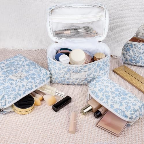 Gosect Quilted Makeup Bag Set 3-Piece Floral Cotton Organizer
