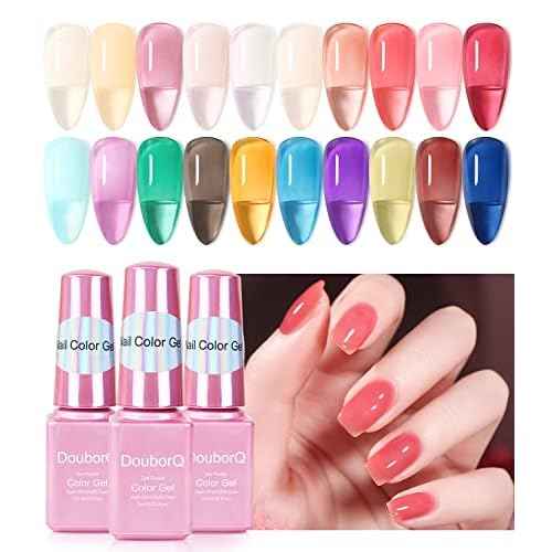 DouborQ 20 Bottles Jelly Gel Nail Polish Glass Translucent Crystal Blue Pink Red Pink Clear Green Yellow Purple Colors UV Soak Off LED Gel 7ml Soak Off Manicure Kit