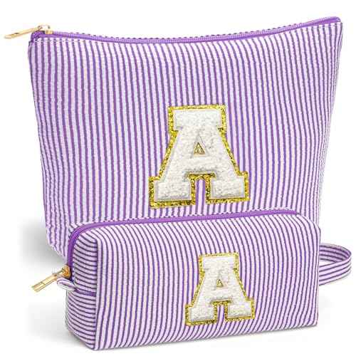 Travel Makeup Bag Set - Travel Essentials, Initial Make up Cosmetic Bag Makeup Pouch Travel Toiletry Bag | Cute Purple Stuff Birthday Gifts for Women Mom Daughter, Purple Letter A