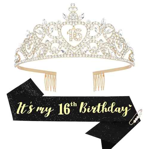 Sweet 16 Party Decorations: Purple Sweet 16 Crown & Sash for Girls' Teen, 16th Birthday, Teenage Girls, Females 16+