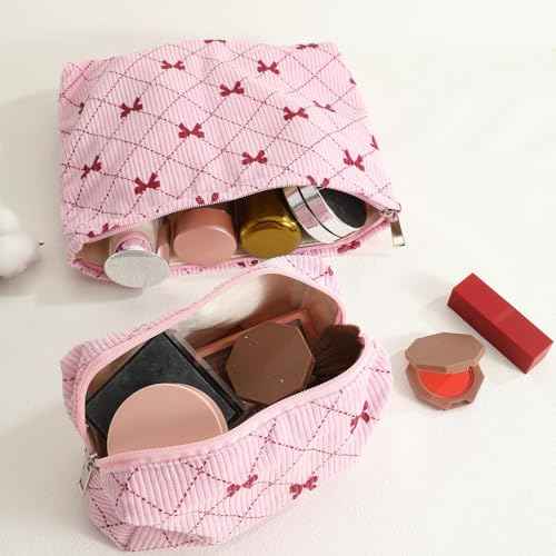 LYDZTION 2PCS Cute Corduroy Makeup Bag Set for Women, Small Travel Toiletry Bag, Coquette Cosmetic Pouch With Bow, Portable Versatile Zipper Pouch - Pink