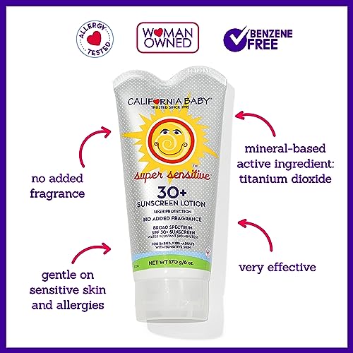 California Baby Super Sensitive SPF 30+ Sunscreen | Unscented | Mineral Based | Baby Sunscreen for Face + Body | Titanium Dioxide | 170 grams / 6oz