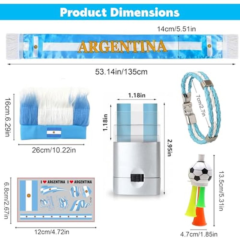 Argentina Soccer Fan Kit 6-in-1 with Scarf, Face Paint & Wig