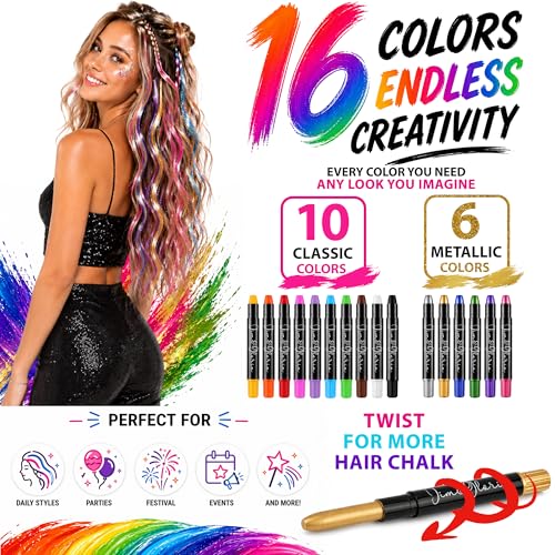 Jim&Gloria Hair Chalk Pens - 16 Color Set with 6 Metallic