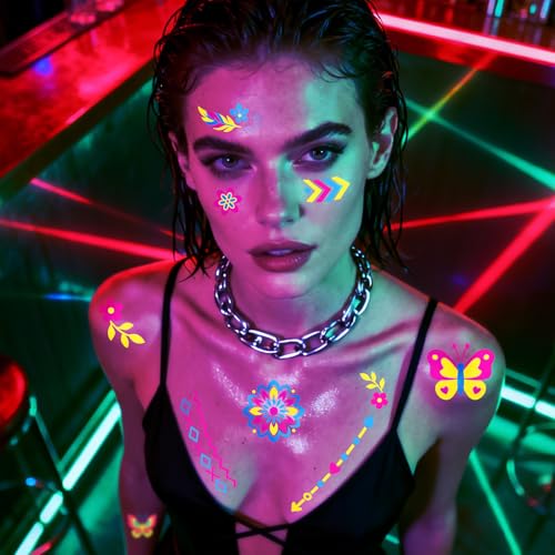 Glow in the Dark Tattoos 256+ PCS ? Luminous Party Supplies Neon Body Paint UV Face Temporary Tattoos for Adults Teens, 32 Sheets Neon Accessories Party Favors & Decorations