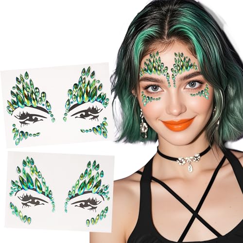 Green Cat Face Gems Stickers - Rhinestone Stick On Jewels 2-Pack