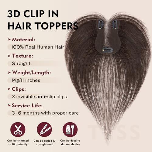 TESS Human Hair Toppers for Women - Clip-In Bangs, 11 Inch Dark Brown