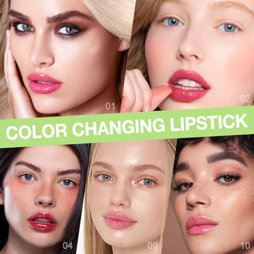 5 Pcs Aloe Strawberry Peach Red Cherry Avocado Color Changing Lipstick Set, Magic PH Mood Lipstick Long Lasting Moisturizing Lip Balm, Temperature Color Changing Lip Gloss,Hydrating Lip Care for Women
