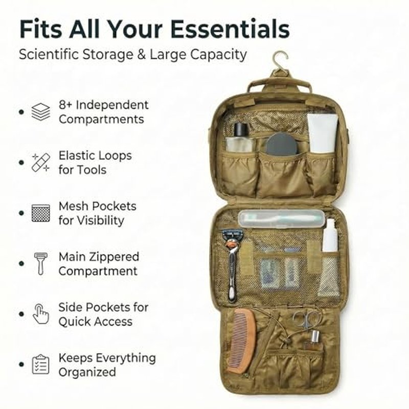 Men's Tactical Toiletry Bag - Lightweight Travel Dopp Kit, Khaki