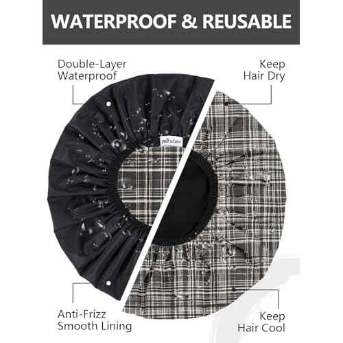 Years calm Men Shower Cap Reusable Waterproof, Dual-Layer Design, Double-Sided Use,Protects Hair in Shower, Spa, Travel & Cooking, Adjustable Elastic for Comfortable Fit (Black Plaid, One Size)