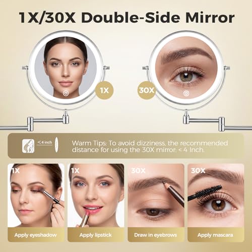 Tubbede 8 Inch Wall Mounted Makeup Mirror with 1X/30X Magnification & Rechargeable 4000mAh Battery