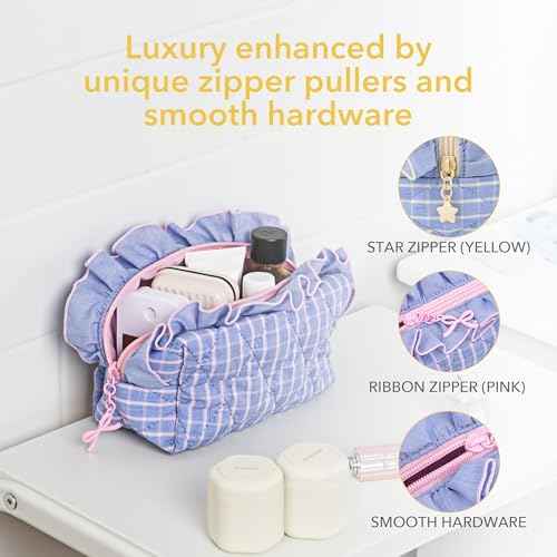 Frillie Quilted Ruffle Makeup Bag ? Cute & Elegant Cosmetic Organizer for Women, Lightweight Travel Pouch, Giftable Design (Pink)
