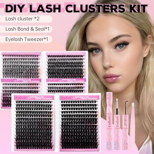 FADLASH Lash Clusters Kit Natural D Curl Eyelash Cluster Volume Lashes Extensions with Lash Bond and Seal Lash Tweezers for Beginners (30D+40D+50D+60D+80D+100D)