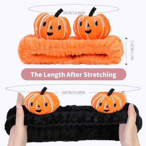 Spa Headband for Washing Face, 2 Pack Cute Halloween Hair Band for Shower Yoga Beauty, Fluffy Makeup Headband, Kawaii Facial Headbands for Woman Girls, Orange+Black Pumpkin